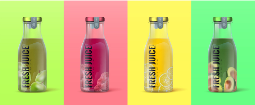 Juice bottles showcasing how a clear label can highlight the products natural colors