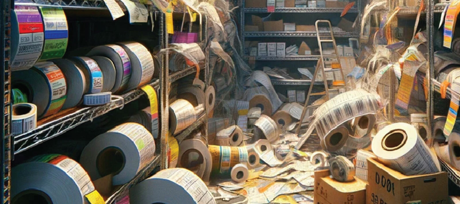 Image of a cluttered supply closet, representing the impact a short-run printer can create.